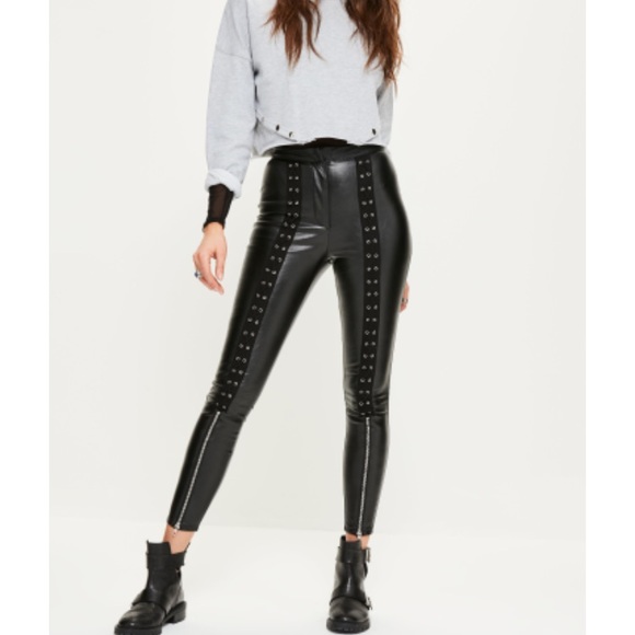 front lace up faux leather pants